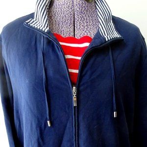 Karen Scott Navy Casual Zip Jacket with Navy/White Stripe Neckline and Cuffs 1X